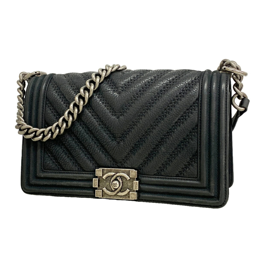 Chanel Boy Chain Shoulder Bag, Leather, Black, Women's, P3563377